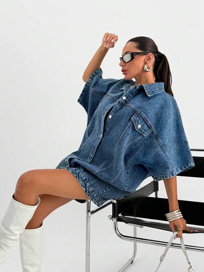 EURMUSE Abito camicia di jeans oversize con maniche a pipistrello e bottoni, da donna per l'estate