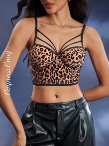 Leopard Print Sexy Front Tie Fishbone Bustier Bra, Underwire Short Fitted Lift & Enhance Bra, Going Out