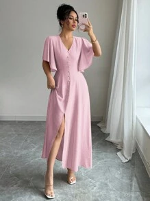 Elenzga 女士优雅休闲 V 领 A 字开衩纽扣装饰泡泡袖中长连衣裙，适合下午茶、派对、度假、通勤，纯色 - 粉色 - 查看 1