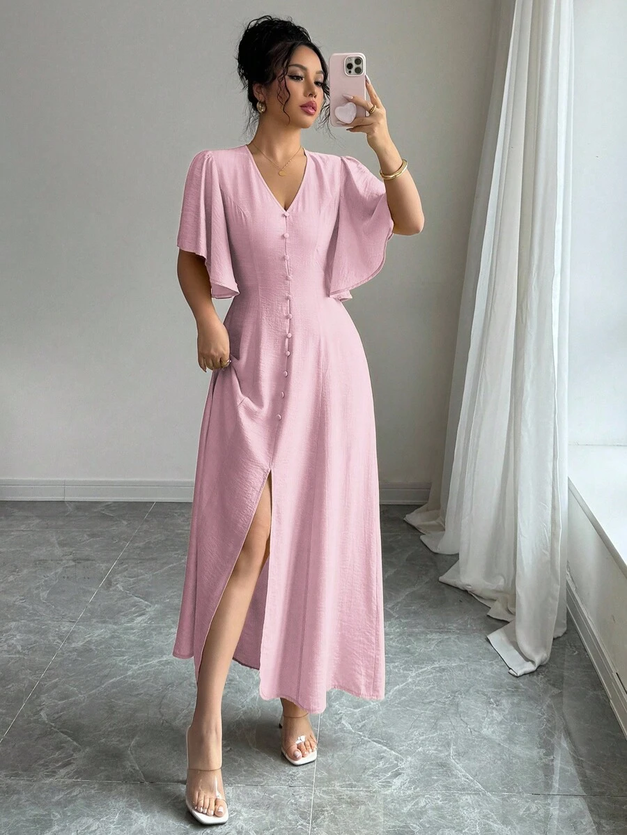 Elenzga 女士优雅休闲 V 领 A 字开衩纽扣装饰泡泡袖中长连衣裙，适合下午茶、派对、度假、通勤，纯色 - 粉色 - 查看 1