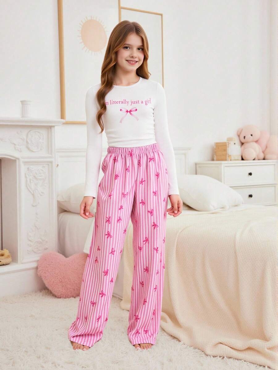 2 件套女童休闲修身针织长袖短款 T 恤，侧面褶皱，字母和蝴蝶印花，以及松紧腰带条纹蝴蝶印花阔腿裤套装，秋季 - 粉色 - 查看 1
