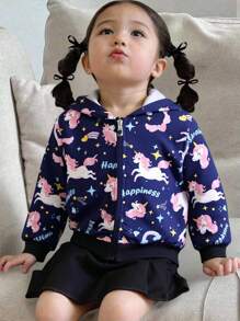 Back To School Fall Clothes  Girls (Small) New Spring/Autumn Navy Blue Unicorn Print Zip-Up Hooded Casual Cute Jacket Winter