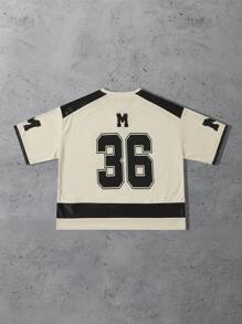 ROMWE MEN Prep 男士休闲宽松数字印花圆领短袖运动T恤 - 杏色 - 查看 2