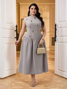 Modelyn Plus Size Women's Sequin Floral Decor Crew Neck Pleated Elegant Dress - Khaki - View 5