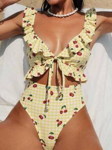 Swim Mod Sexy Ruffled Hollow-Out Backless Random Print One-Piece Swimsuit For Women, Summer Vacation - Multicolor - View 5