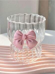 300ml Transparent Bow Decor Striped Cup, Suitable For Daily Water And Coffee Drinking