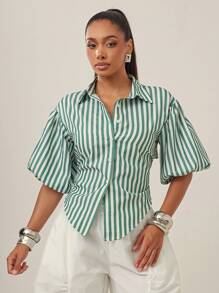 Vixey 后系带领扣长袖上衣，商务休闲，办公室 - 綠色 - 查看 3