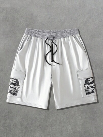 Street Life Men's Skull Print Drawstring Waist Cargo Pocket Loose Metal Decor Casual Shorts