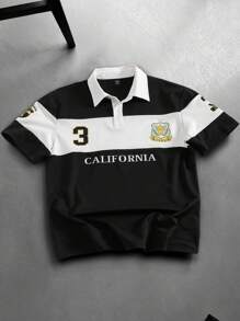 Manfinity Campus Court 男士字母印花撞色短袖休闲通勤 Polo 衫 - 彩色 - 查看 1