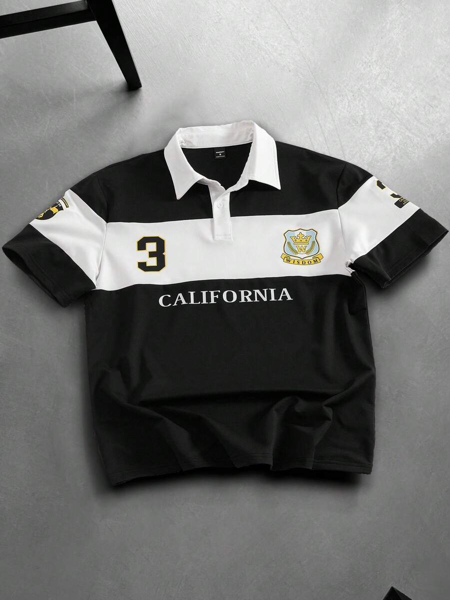 Manfinity Campus Court 男士字母印花撞色短袖休闲通勤 Polo 衫 - 彩色 - 查看 1