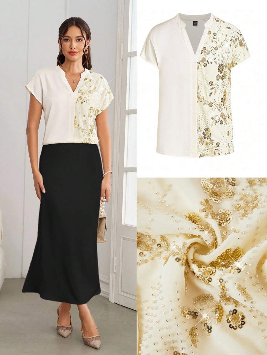 Ellevyn Elegante Damen Bluse in Unifarbe mit Patchwork, Pailletten und Stickerei, hochwertig, geeignet für den täglichen Gebrauch bei verschiedenen Anlässen, süße Flughafen-Damenshirts