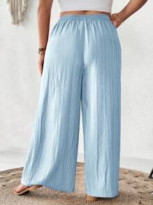 SHEIN CURVE+ Plus Size Women's New Spring/Summer Business Casual Beach Outfit, Fashionable Commuter Elegant Purple Lotus Root Pink Wide Leg Pants With Pockets, Beach Holiday Attire - Baby Blue - View 2