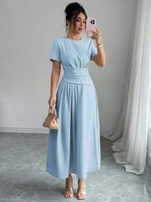 Elenzga 女士优雅纯色休闲通勤商务下午茶派对 A 字短袖连衣裙，春夏 - 藍色 - 查看 1