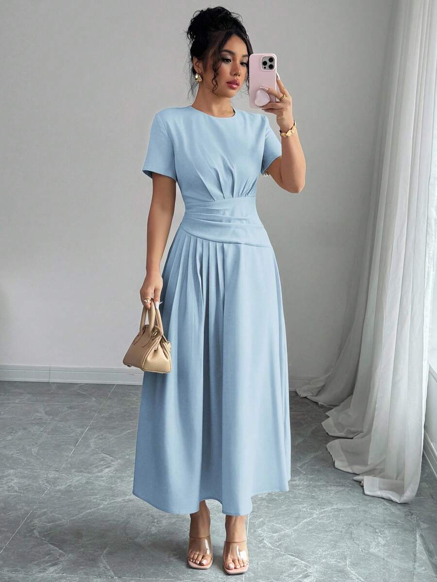 Elenzga 女士优雅纯色休闲通勤商务下午茶派对 A 字短袖连衣裙，春夏 - 藍色 - 查看 1