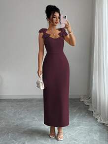 Elenzga Vestido Longo Elegante Sem Mangas Feminino com Decoração de Laço, Casual para Ir ao Trabalho, Férias, Chá da Tarde, Festa, Cor Sólida, Estilo Francês Romântico Siciliano, Primavera/Verão