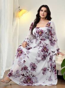 Modelyn Plus Size Elegant Floral Print Square Neck Waist Cinching Midi Dress - Multicolor - View 4