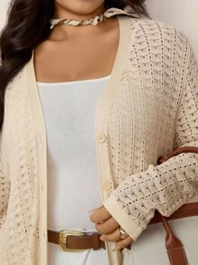 Zelara 大码女式休闲纯色镂空纽扣开衫，春秋季慵懒休闲风航海风开衫，机场秋冬校园复古风针织开衫 - 杏色 - 查看 11