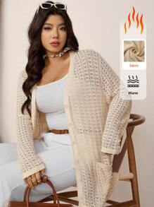 Zelara 大码女式休闲纯色镂空纽扣开衫，春秋季慵懒休闲风航海风开衫，机场秋冬校园复古风针织开衫 - 杏色 - 查看 6