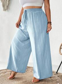 SHEIN CURVE+ Plus Size Women's New Spring/Summer Business Casual Beach Outfit, Fashionable Commuter Elegant Purple Lotus Root Pink Wide Leg Pants With Pockets, Beach Holiday Attire - Baby Blue - View 8