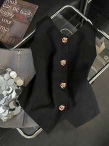 Franclia 时尚气质通勤百搭S型法式复古无袖上衣金属扣装饰女式背心，黑色上衣秋季女装外出上衣商务休闲女装大学校园装