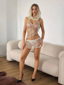 SHEIN ICON 女士纯色不对称下摆镂空露背针织上衣和针织迷你裙性感套装秋季女装 - 杏色 - 查看 6
