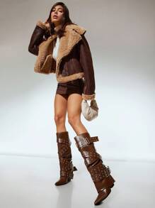 SHUZIA Giày bốt cao đến đầu gối thời trang gợi cảm dành cho nữ có khóa kim loại - Màu nâu Sô-cô-la - Xem 4