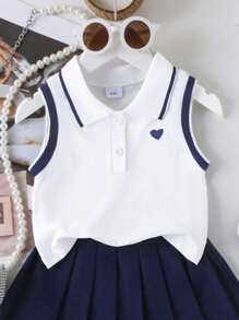 SHEIN Genkimix Kids 2pcs Set Young Girl School Style Heart Print Lapel Sleeveless Top And Pleated Skirt With Ribbon Trim, Suitable For Summer Back To School Season