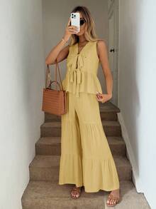 Easowa 夏季休闲度假亚麻色镂空刺绣系带无袖蝴蝶结上衣和纯色纹理超长阔腿裤，优雅的度假装，适合日常穿着，音乐节，复古风格图案衬衫，波西米亚风格 - 黃色 - 查看 3