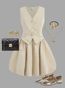 SHEIN Tween Girls Solid Apricot Beige Puffy Hem Suit Vest 2 In 1 Sleeveless Dress, Back To School, Formal Dresses, Summer Dress, Girls School Dress, School Clothes For Girls, Teen Girl Clothes For School, Girls School Clothes, Girls Back To School Outfits, Mommy And Daughter Outfits - Khaki - View 9