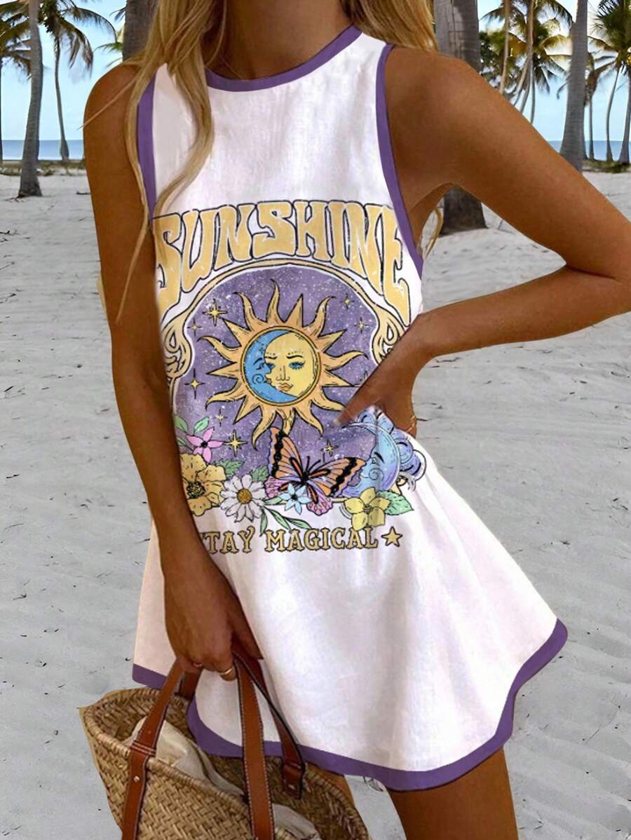 Veykashi 大码女式休闲度假日月花卉印花短款连衣裙，适合夏季 - 彩色 - 查看 1