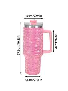 40盎司不锈钢保温车载杯，大容量水瓶，带水钻和吸管和手柄的玻璃杯，1个真空隔热水瓶，适用于家庭、办公室或汽车，可重复使用带吸管防漏翻盖杯子（粉色）圣诞节礼物赠送，返校 - 粉色 - 查看 16