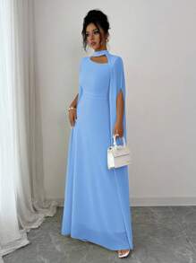 Elenzga 女士优雅法式浪漫度假风沙滩裙，雪纺透明面料，镂空领口，后背交叉系带，喇叭长裙，长袖，开衩袖口，适合下午茶、派对、中东风格、春夏季 - 藍色 - 查看 8