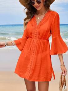 Swim Lushoire 女士夏季海滩系带腰喇叭袖拼接荷叶边优雅度假连衣裙和罩衫 - 橘色 - 查看 5
