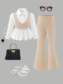 2件套少女领华夫格面料长袖荷叶边下摆衬衫和喇叭裤套装 - 卡其色 - 查看 9