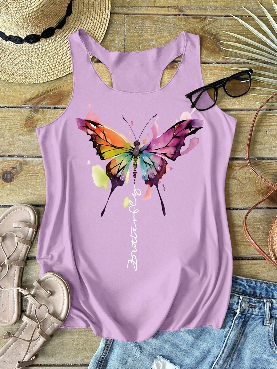 SHEIN LUNE Women Summer Round Neck Butterfly Print Tank Top Graphic Tees Women Tops - Purple - View 1