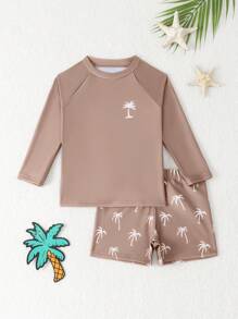 SHEIN 2件套男童长袖防晒衣和短裤泳衣套装 - 棕色 - 查看 3