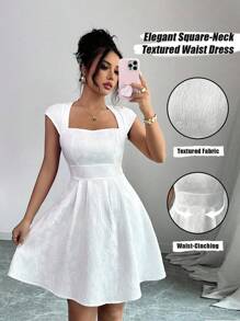 Elenzga 女款白色雏菊提花纹理面料高端优雅方领收腰修身设计感大摆小众设计返校季教师装感恩节女装约会生日装短款连衣裙 - 白色 - 查看 1