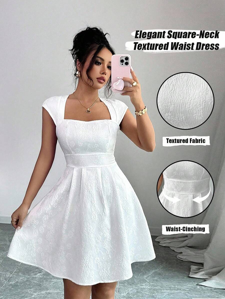 Elenzga 女款白色雏菊提花纹理面料高端优雅方领收腰修身设计感大摆小众设计返校季教师装感恩节女装约会生日装短款连衣裙 - 白色 - 查看 1