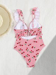 Swim Mod Traje de baño de una pieza con volantes, abertura en la espalda y estampado aleatorio, sexy para vacaciones de verano