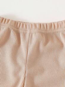 2件套少女领华夫格面料长袖荷叶边下摆衬衫和喇叭裤套装 - 卡其色 - 查看 8