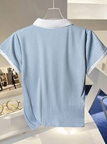 Franclia Fashionable And Simple Knitted Blue And White Polo Collar And White Cuffs Short-Sleeved T-Shirt For Women, Suitable For Spring And Summer Back To School Season T-Shirts - Blue and White - View 2