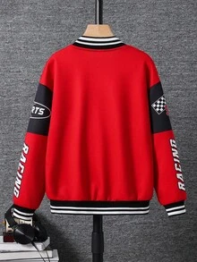 SHEIN 青少年男童休闲酷炫字母数字印花拉链厚针织夹克 - 紅色 - 查看 2