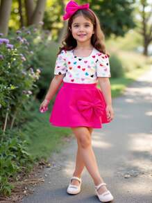 Emery Rose Kids Emery Rose Kids 2 件套少女心形设计针织圆领 T 恤和修身针织短裙套装 - 玫紅色 - 查看 1