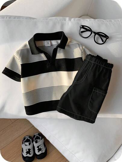 SHEIN 2pcs Baby Boy Casual Striped Polo Shirt And White Shorts Set, Suitable For Birthday Party, Evening Party, Wedding, Baby Shower, 1st Birthday Celebration And Other Occasions Baby Boy Summer Set Baby Boy Striped Polo Shirt And Shorts Set Black And White Baby Boy Outfit, Back To School Clothes