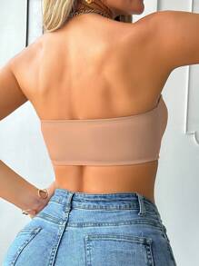 SHEIN 女士前开合加垫聚拢文胸，露背和无肩带 - 卡其色 - 查看 2