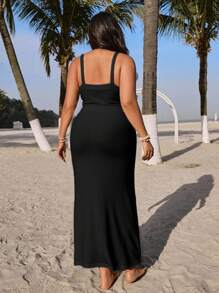 Veykashi Plus Size Spring And Fall Holiday Solid Color Black Crochet Long Sweater Dress Suitable For Going Out,Homecoming Dress Chic Dress - Black - View 5