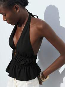 Maija Casual Fashionable Versatile Solid Color Sexy Ruched Decor Halter Deep V Backless Off Shoulder Blouse, Suitable For Business, Leisure, Beach, Bohemian Style Black Halter Top Deep V Neck Halter Top Backless Halter Top,Autumn Outfits For Women - Black - View 5