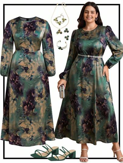 Ellevyn Plus Size Women's Elegant And Romantic Tie-Dye Round ,Neck Lantern Sleeve Elegant  A-Line Maxi Dress Dress,Satin Printing Dress,Fall,Fall Clothes For Women,Fall Clothes,Dresses For Women Elegant,Elegant Dresses For Women,Fall Dresses For Women,Fall Clothes Plus Size,Wedding Guest Dress,Fall Dresses,Classy Outfits For Women,Vintage Clothes Women,Going Out Dress,Satin Dress,Fall Wedding Guest Dress,Wedding Guest Dresses,Wedding Guest,Wedding Guest Dress Elegant,Autumn Dress,Mother Of The Bride Dresses,2025 New Dess