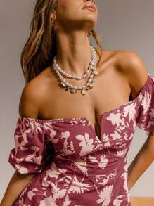 Aralina 女式花卉印花露肩短袖时尚迷你连衣裙 - 櫻桃紅 - 查看 10