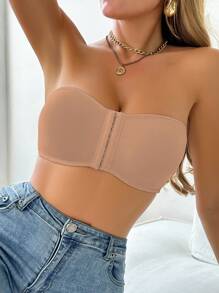 SHEIN 女士前开合加垫聚拢文胸，露背和无肩带 - 卡其色 - 查看 4